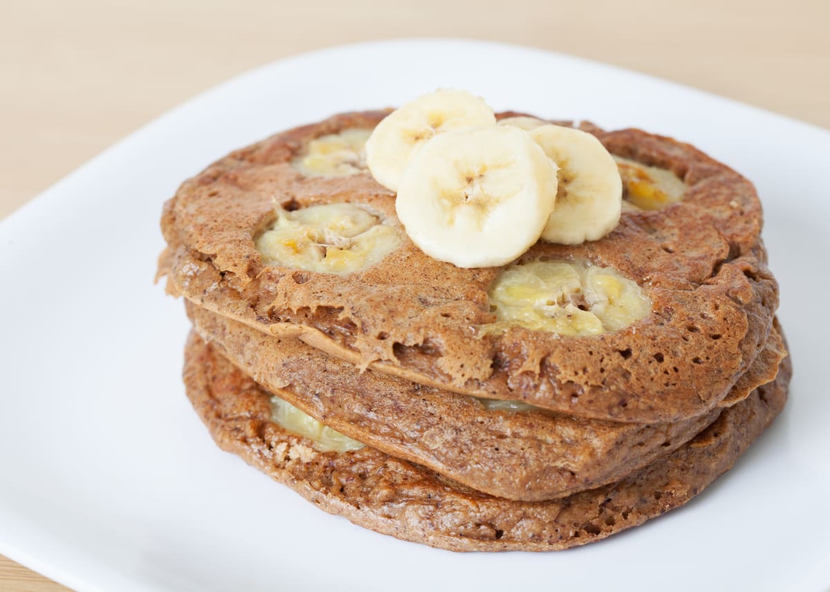 Pancakes served on a plate with banana